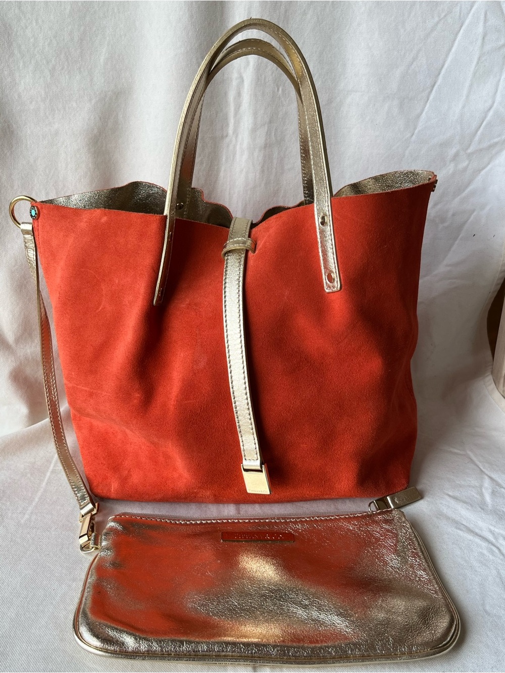 Tiffany’s Reversible Orange Suede and Gold Metallic Leather Hobo Bag with Clutch